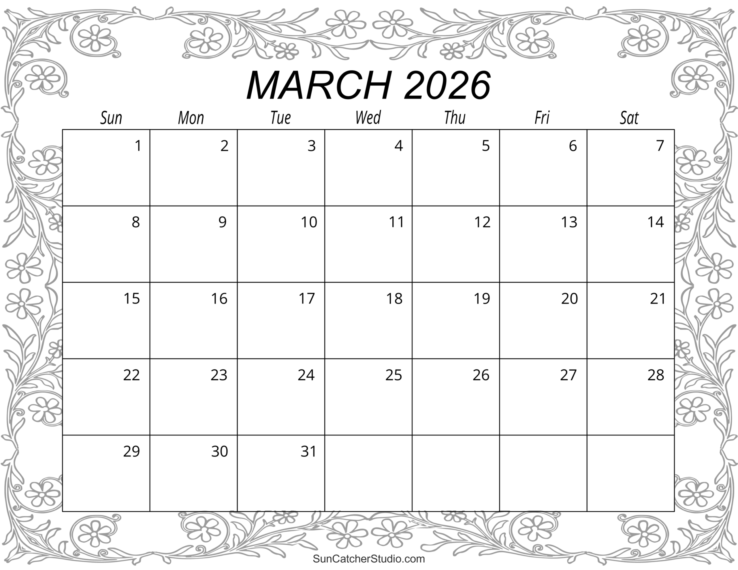 Downloadable March 2026 Calendar