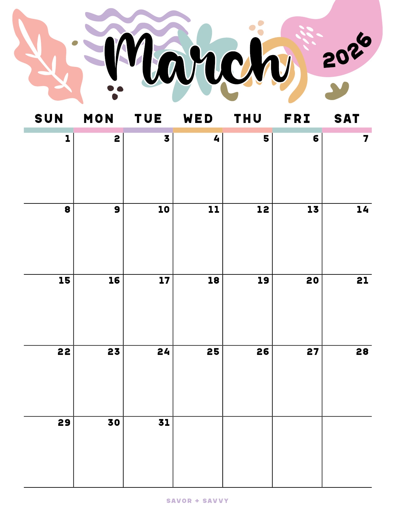 March Calendar 2026 Cute