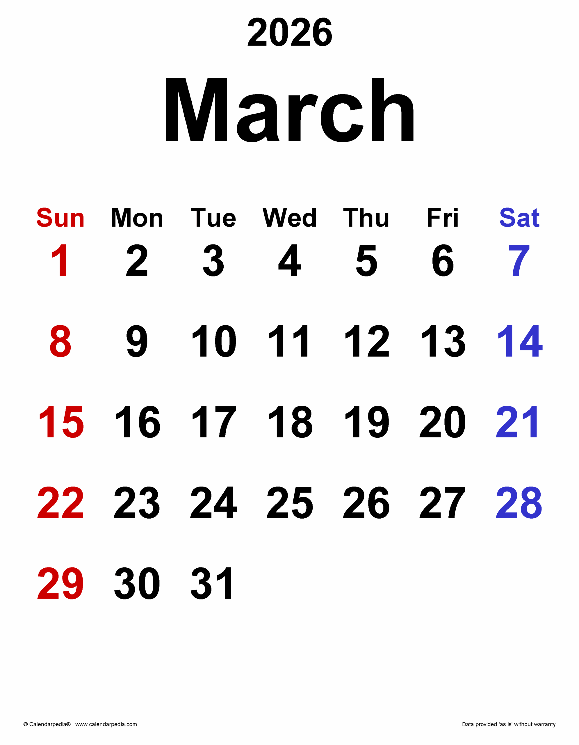 March 2026 Calendar Templates For PDF Excel And Word