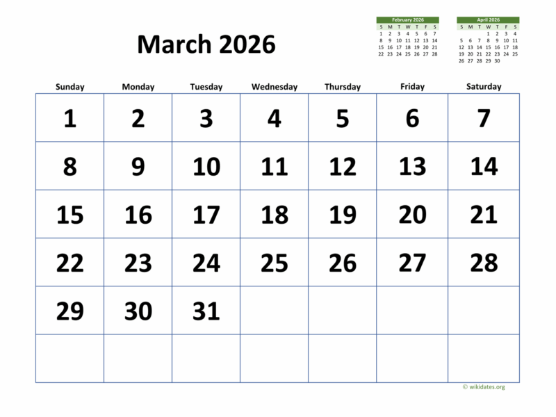 March 2026 Calendar With Extra large Dates WikiDates