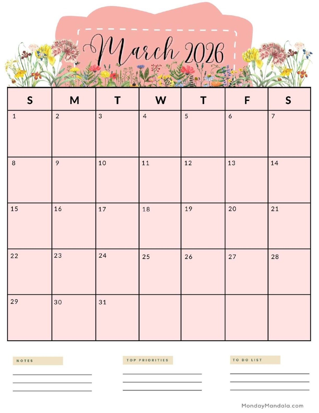 Cute March 2026 Calendar Printable