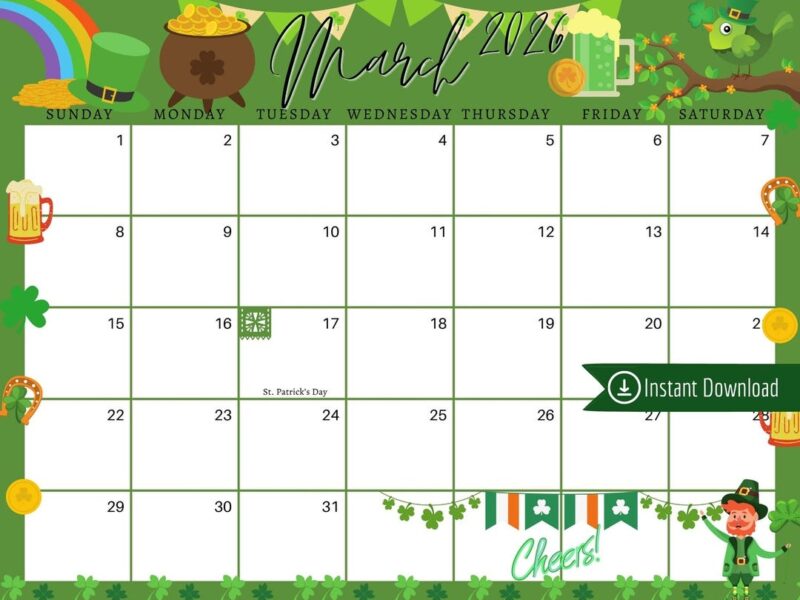 March 2026 Digital Calendar Green St Patrick s Day Planner