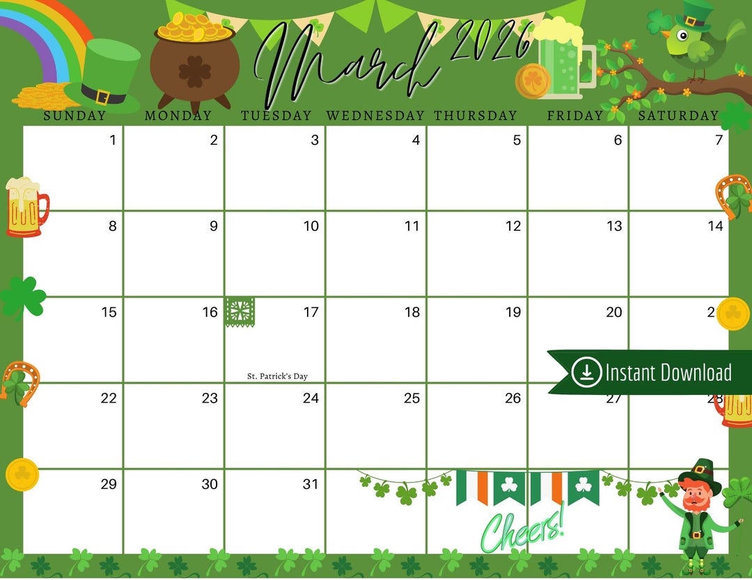 March 2026 Digital Calendar Green St Patrick s Day Planner 