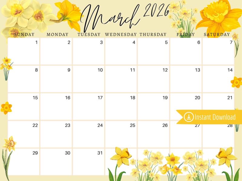 March 2026 Digital Calendar Yellow Daffodils Planner Editable Fillable Printable Calendar For Planning PDF PNG And JPG Download