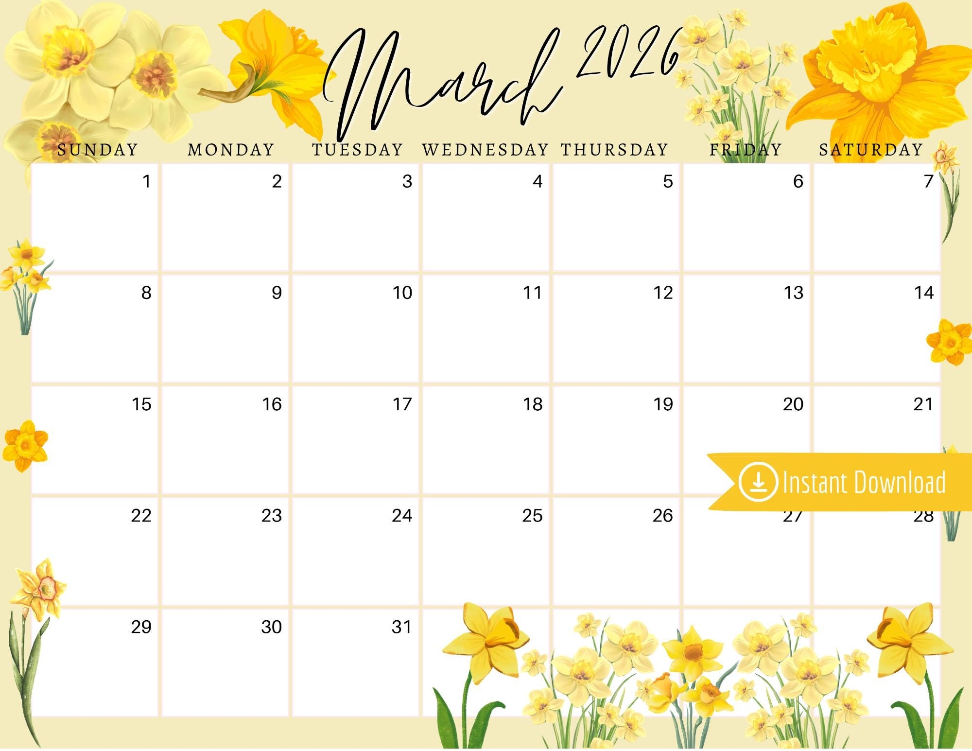 March 2026 Digital Calendar Yellow Daffodils Planner Editable Fillable Printable Calendar For Planning PDF PNG And JPG Download