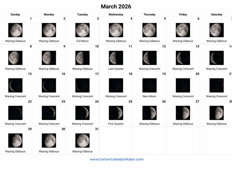 March 2026 Moon Phases Calendar Custom Calendar Maker