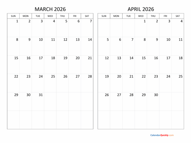 March And April 2026 Calendar Calendar Quickly