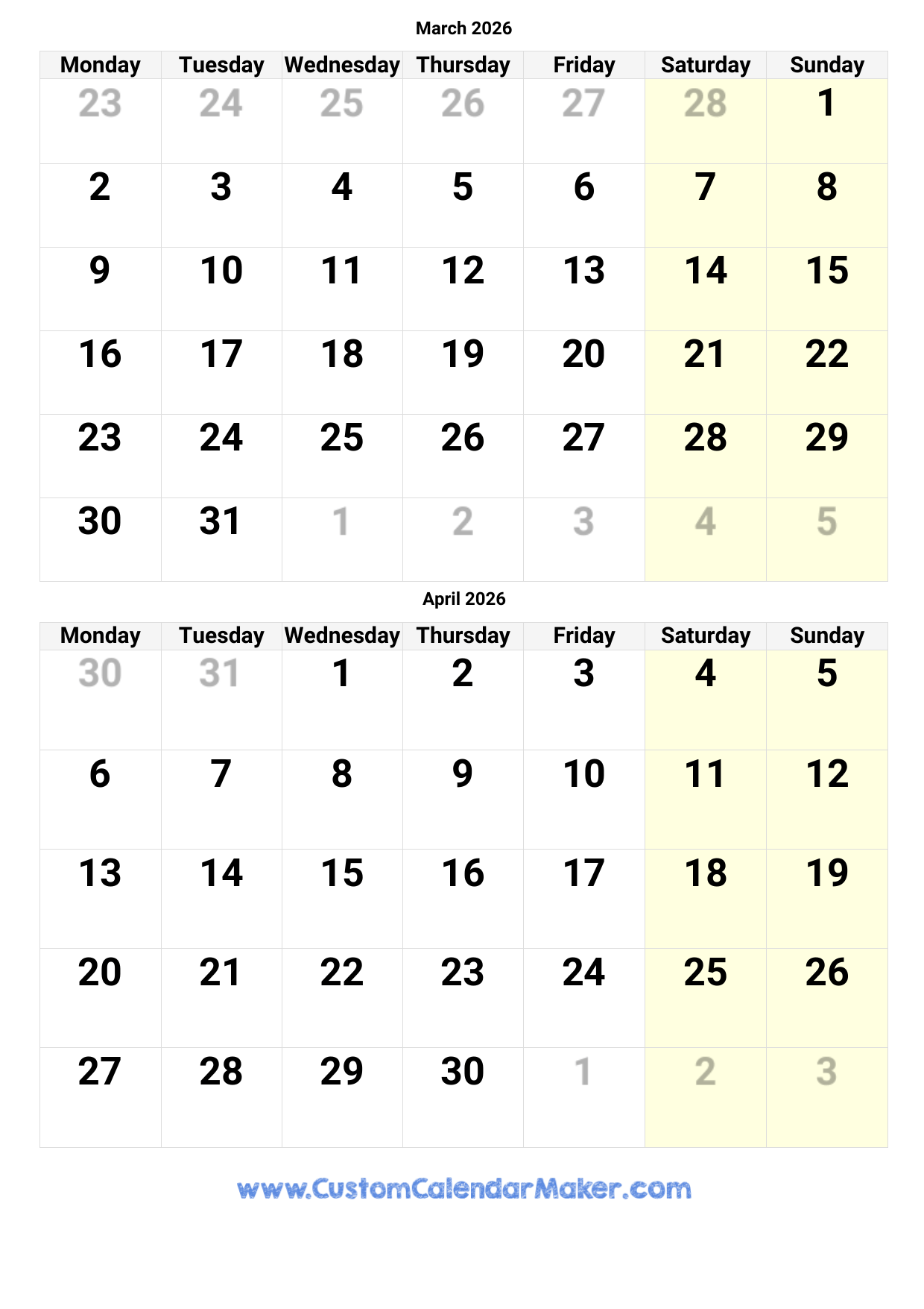 March And April 2026 Calendar Custom Calendar Maker