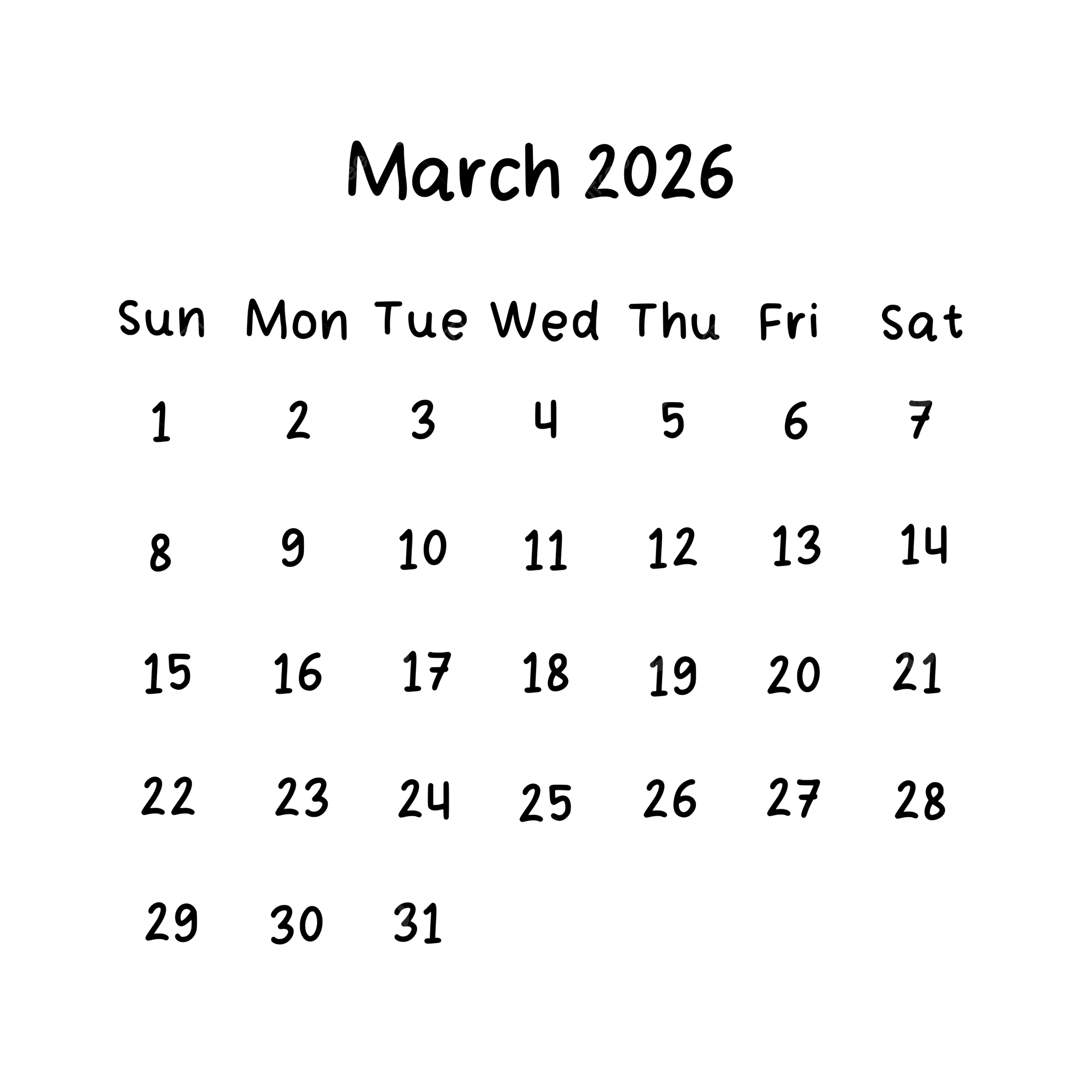 March Monthly Calendar 2026 In Black Color March 2026 Calendar 