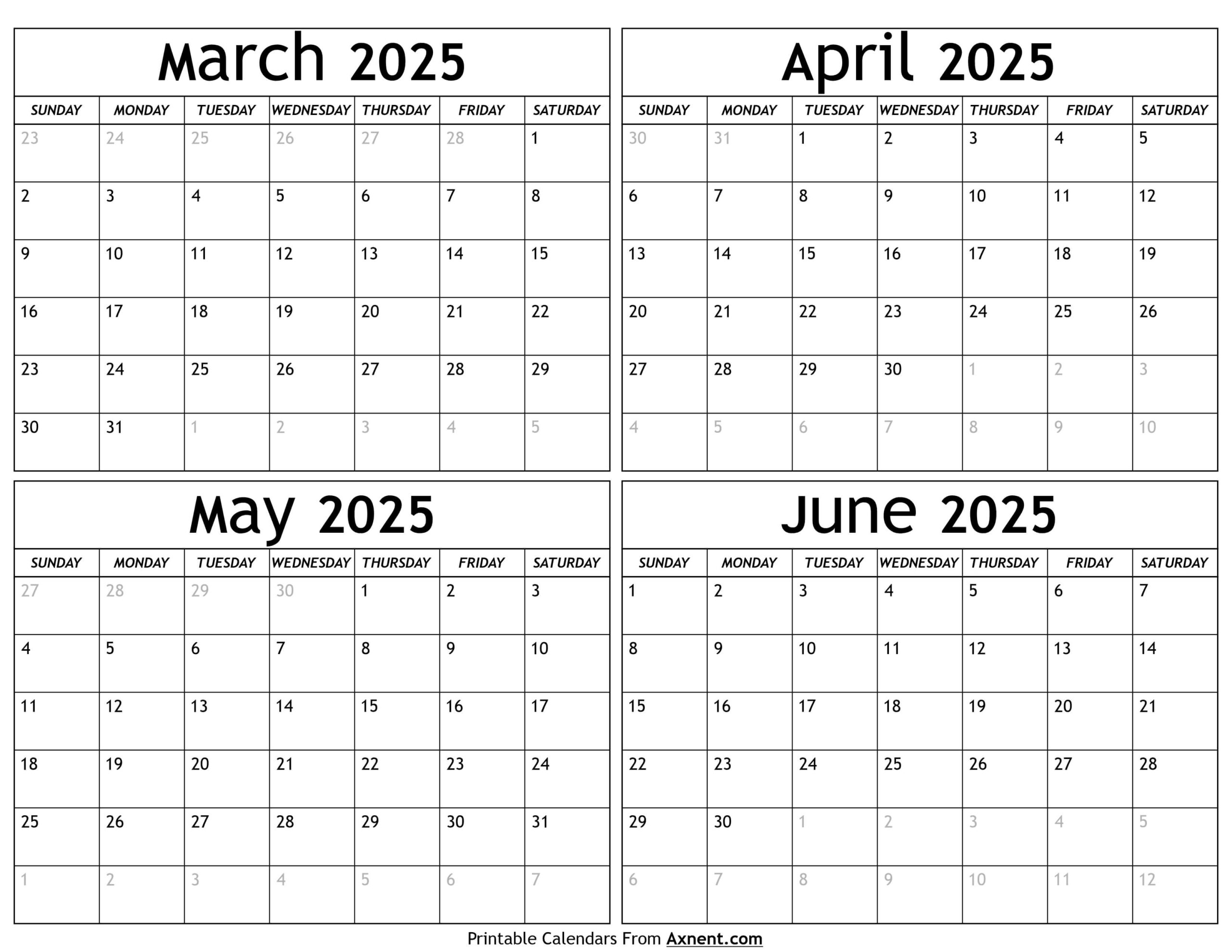 March To June 2025 Calendar Templates Four Months