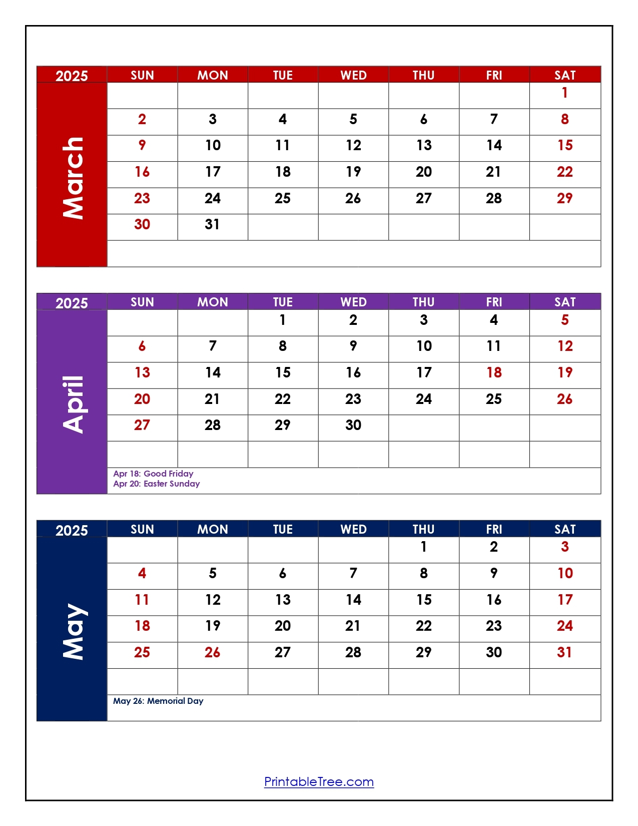 March To May 2025 Calendar Printable PDF Three Months Calendar