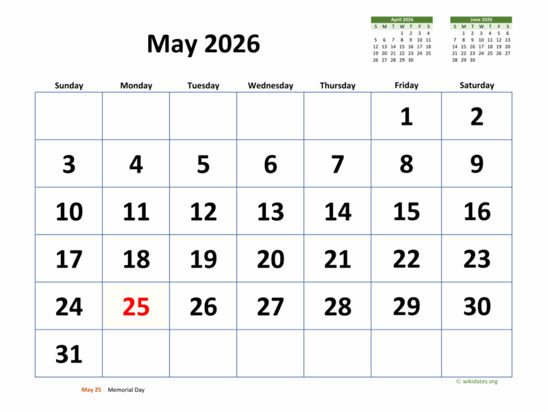 May 2026 Calendar With Extra large Dates WikiDates