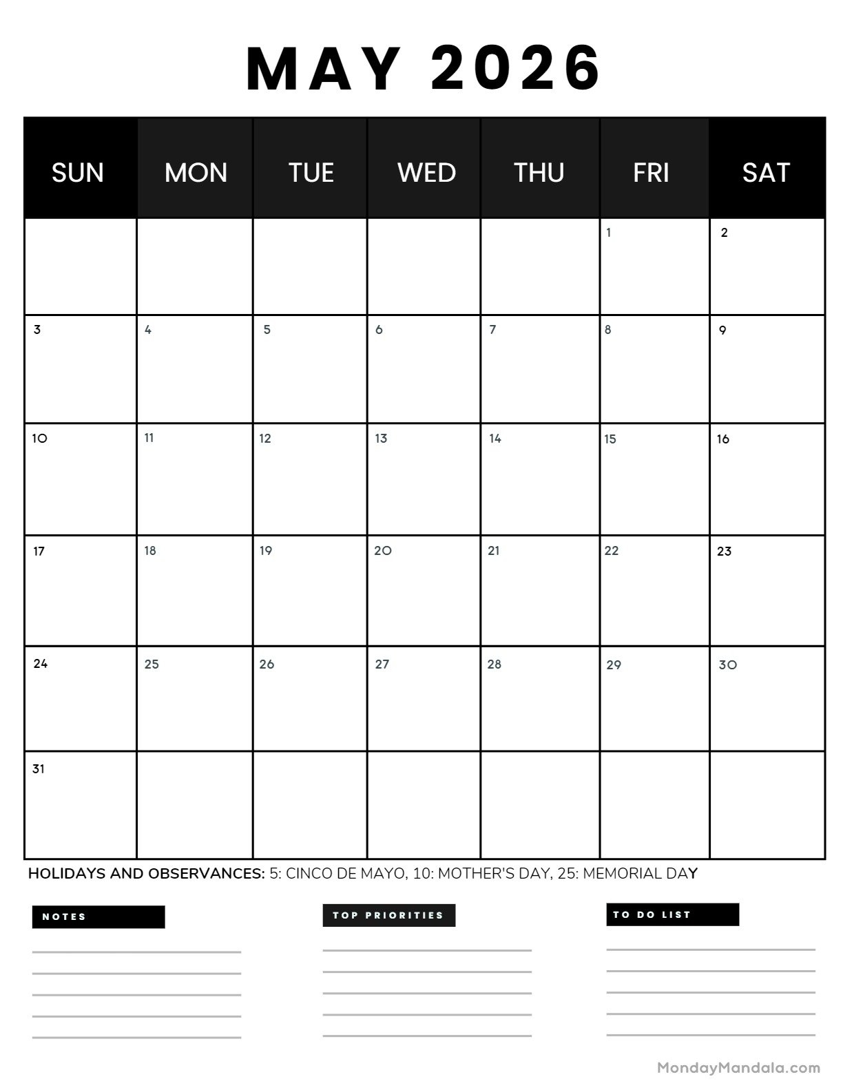 May 2026 Blank Calendar Printable Free
