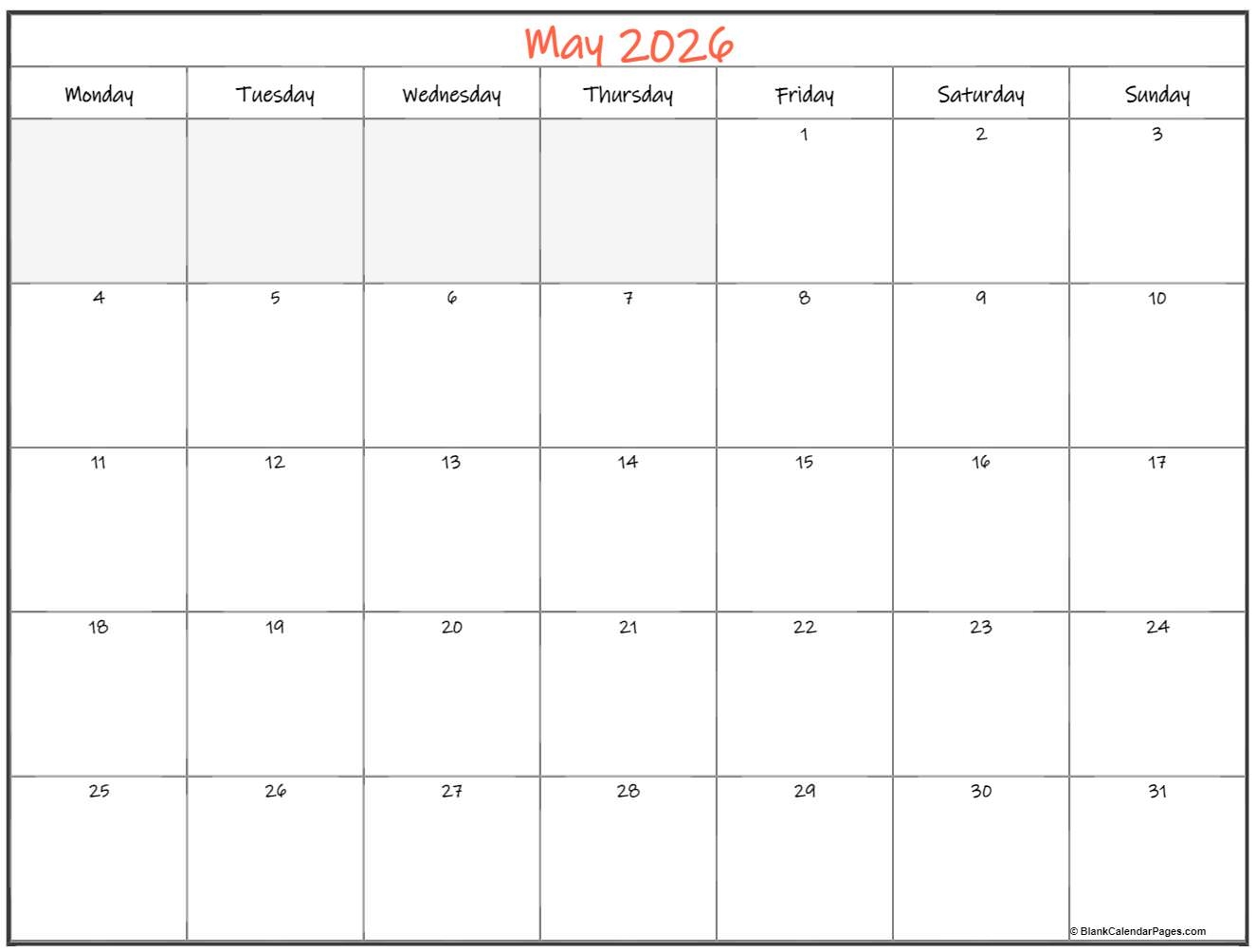 May 2026 Monday Calendar Monday To Sunday