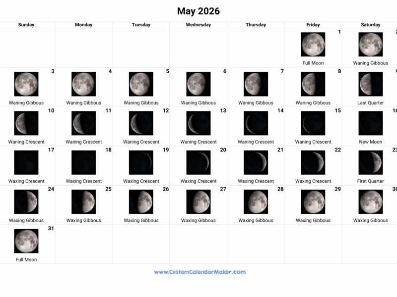 May 2026 Moon Phases Calendar Custom Calendar Maker