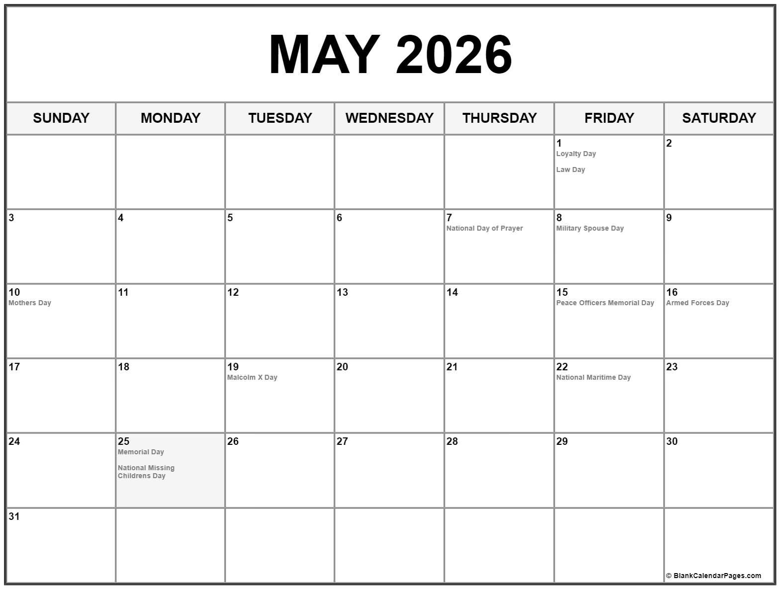 May 2026 With Holidays Calendar