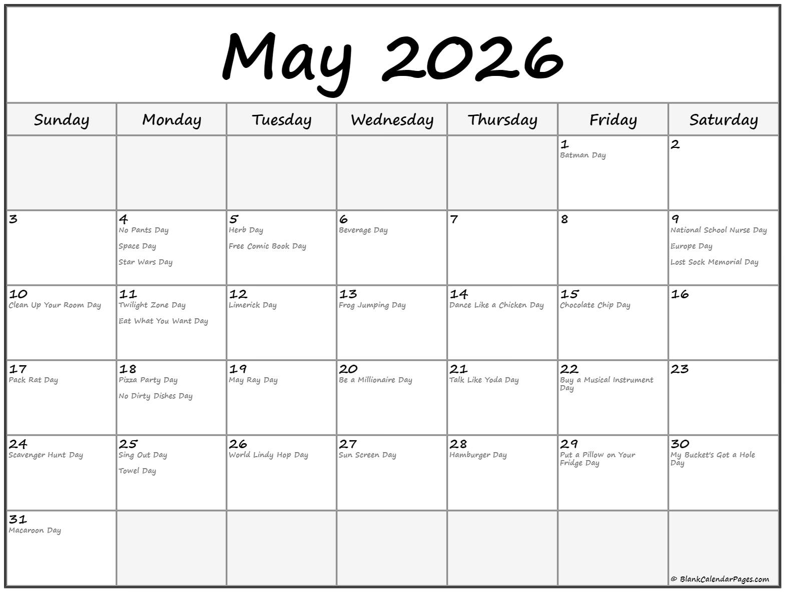 May 2026 With Holidays Calendar