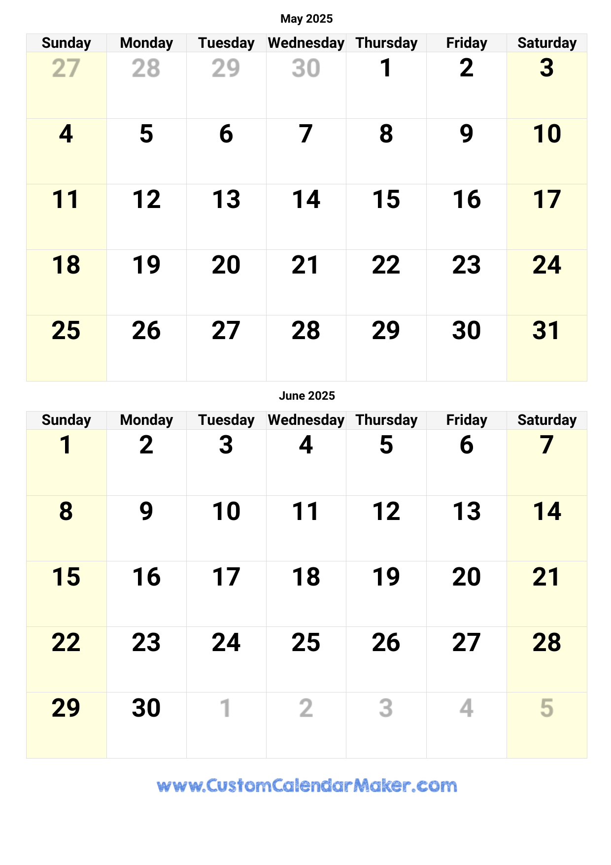 May And June 2025 Calendar Custom Calendar Maker