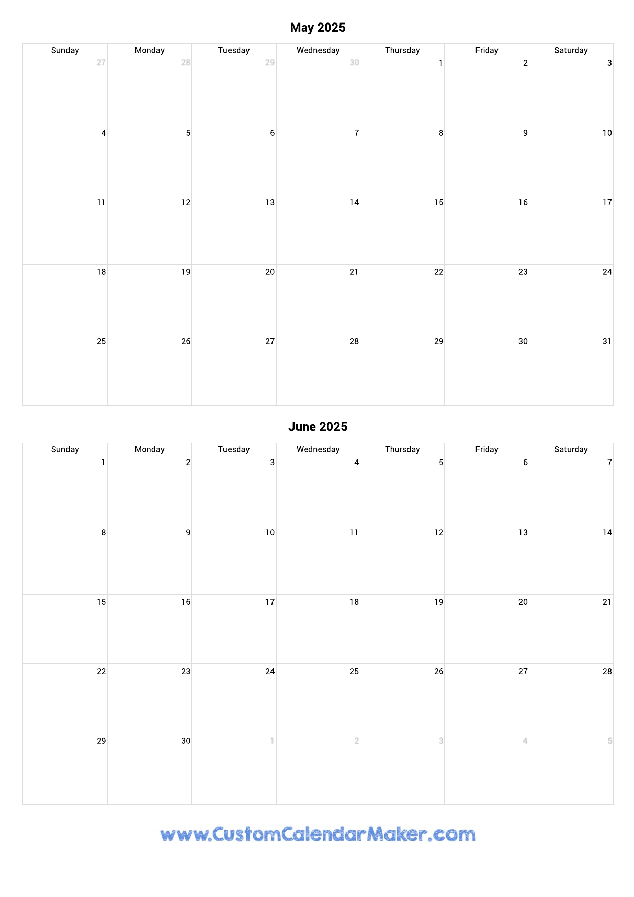 May And June 2025 Calendar Custom Calendar Maker