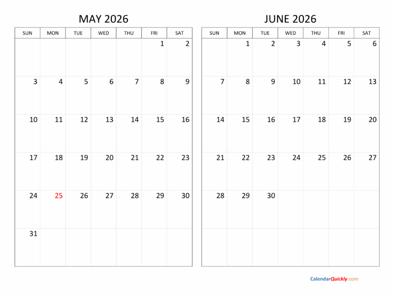 May And June 2026 Calendar Calendar Quickly
