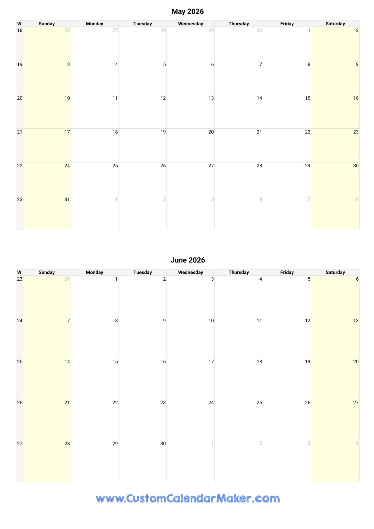 May And June 2026 Calendar Custom Calendar Maker