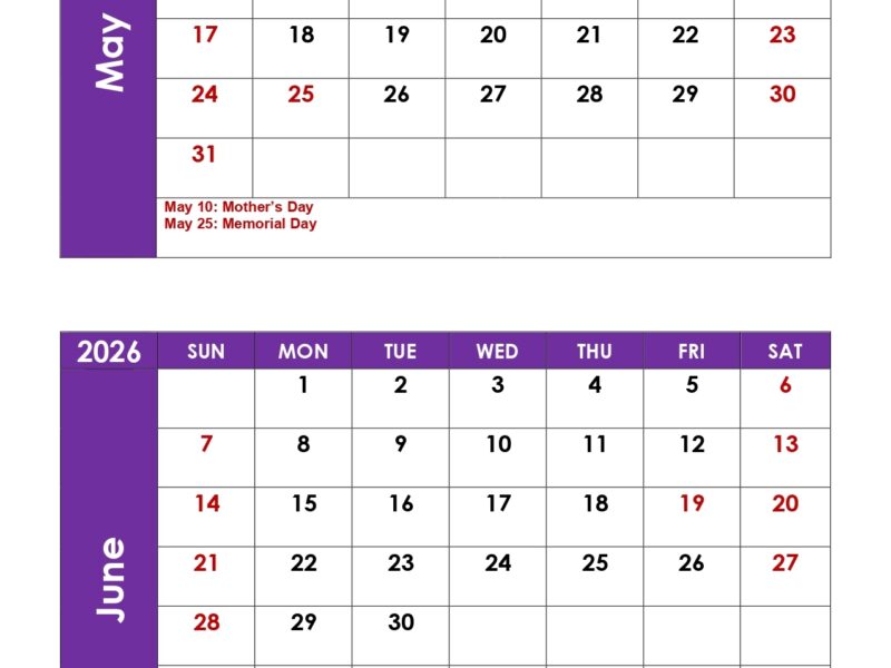 May And June 2026 Calendar Printable PDF 2 Month Calendar Template