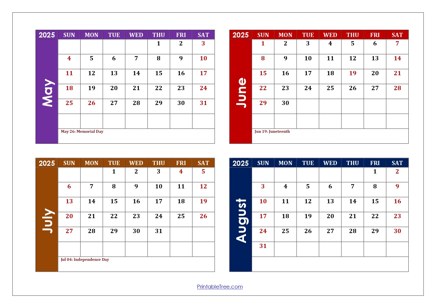 May To August 2025 Calendar Printable PDF Four Months Calendar