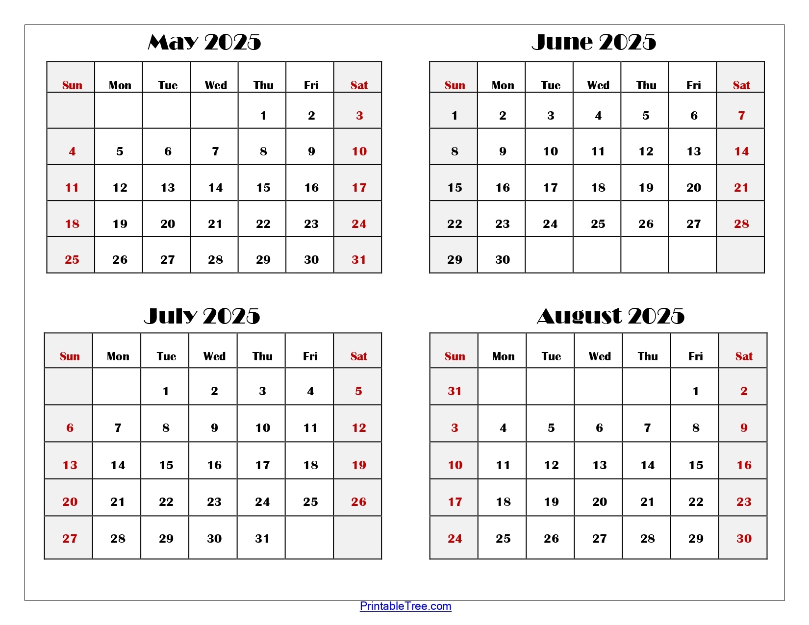 May To August 2025 Calendar Printable PDF Four Months Calendar