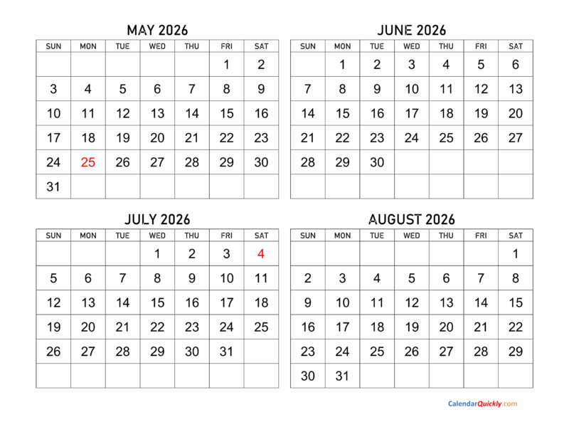 May To August 2026 Calendar Calendar Quickly