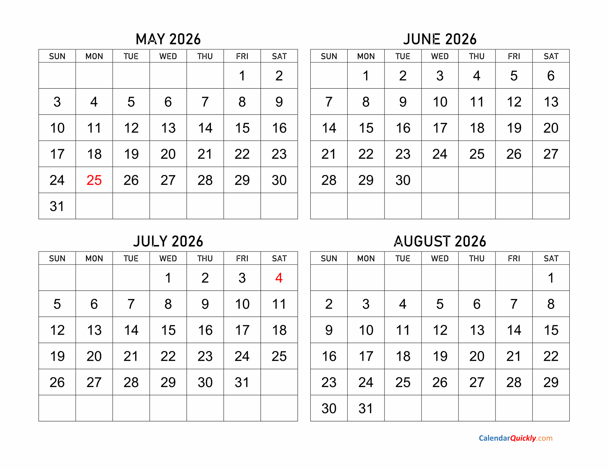May To August 2026 Calendar Calendar Quickly