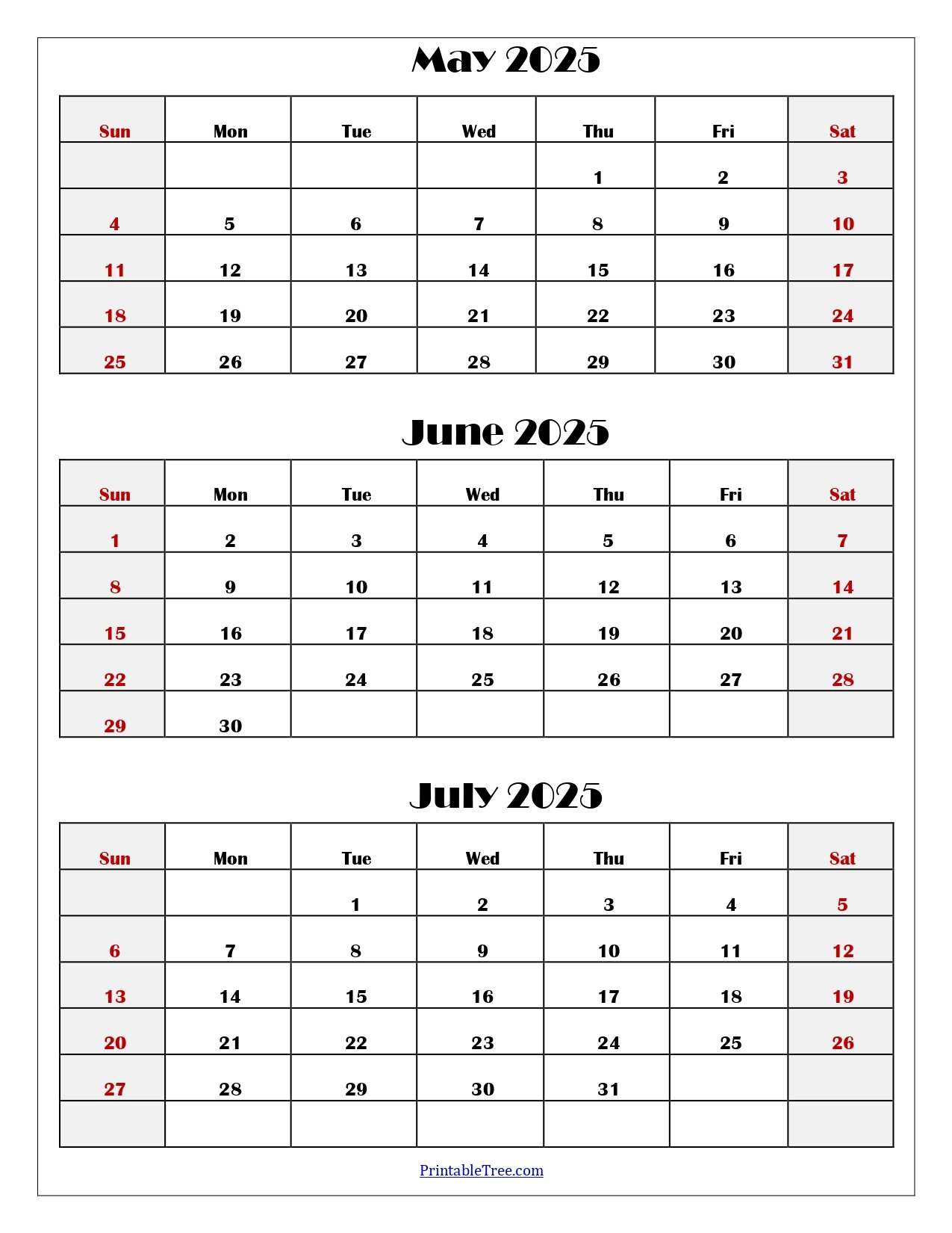 May To July 2025 Calendar Printable PDF Three Months Calendar