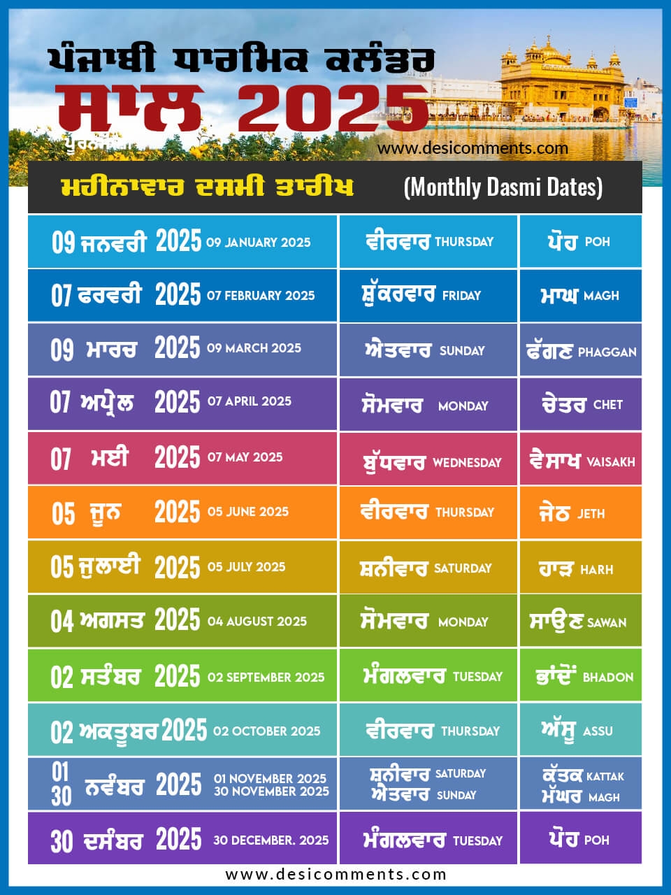 Monthly Dasmi Dates 2025 Calendar Desi Comments