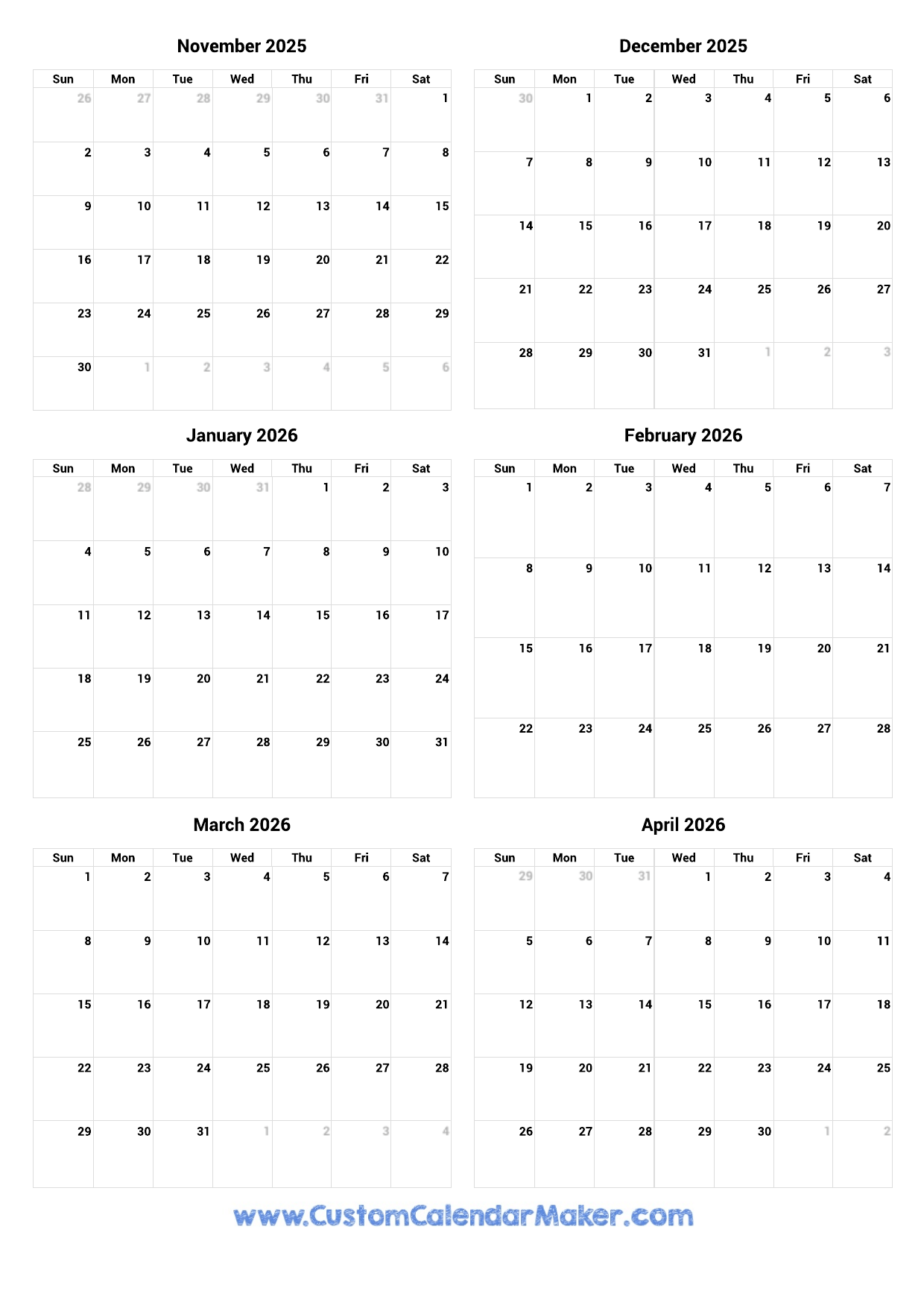 November 2025 To June 2026 Calendar
