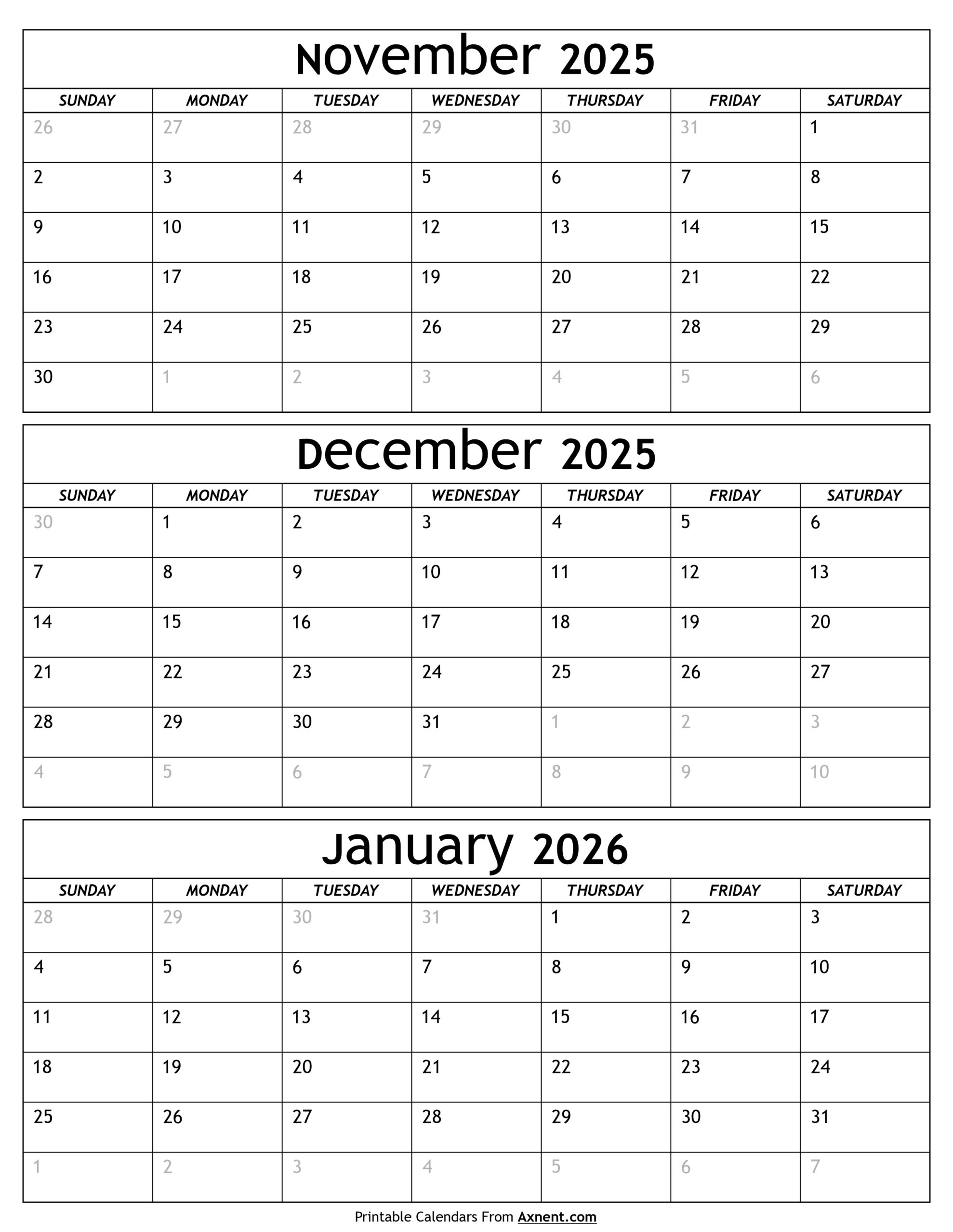 November 2025 To January 2026 Calendar Templates Three Months