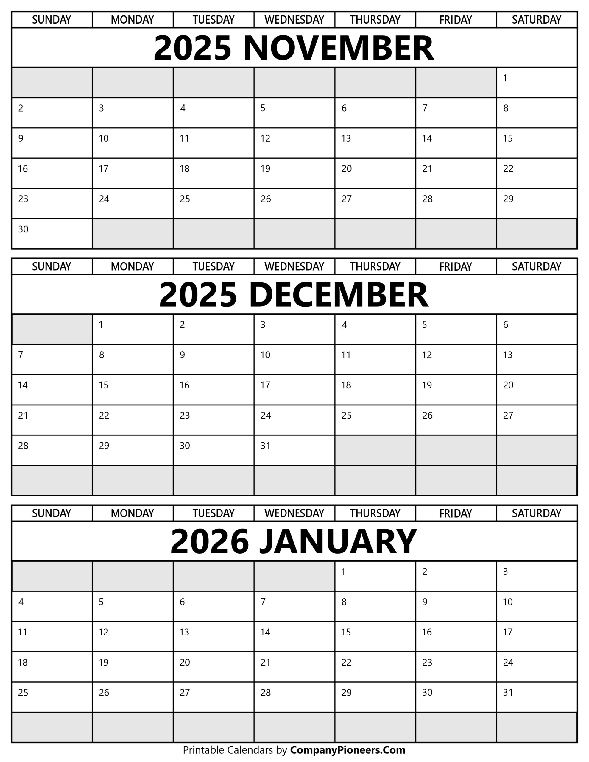 November December 2026 January 2026 Calendar