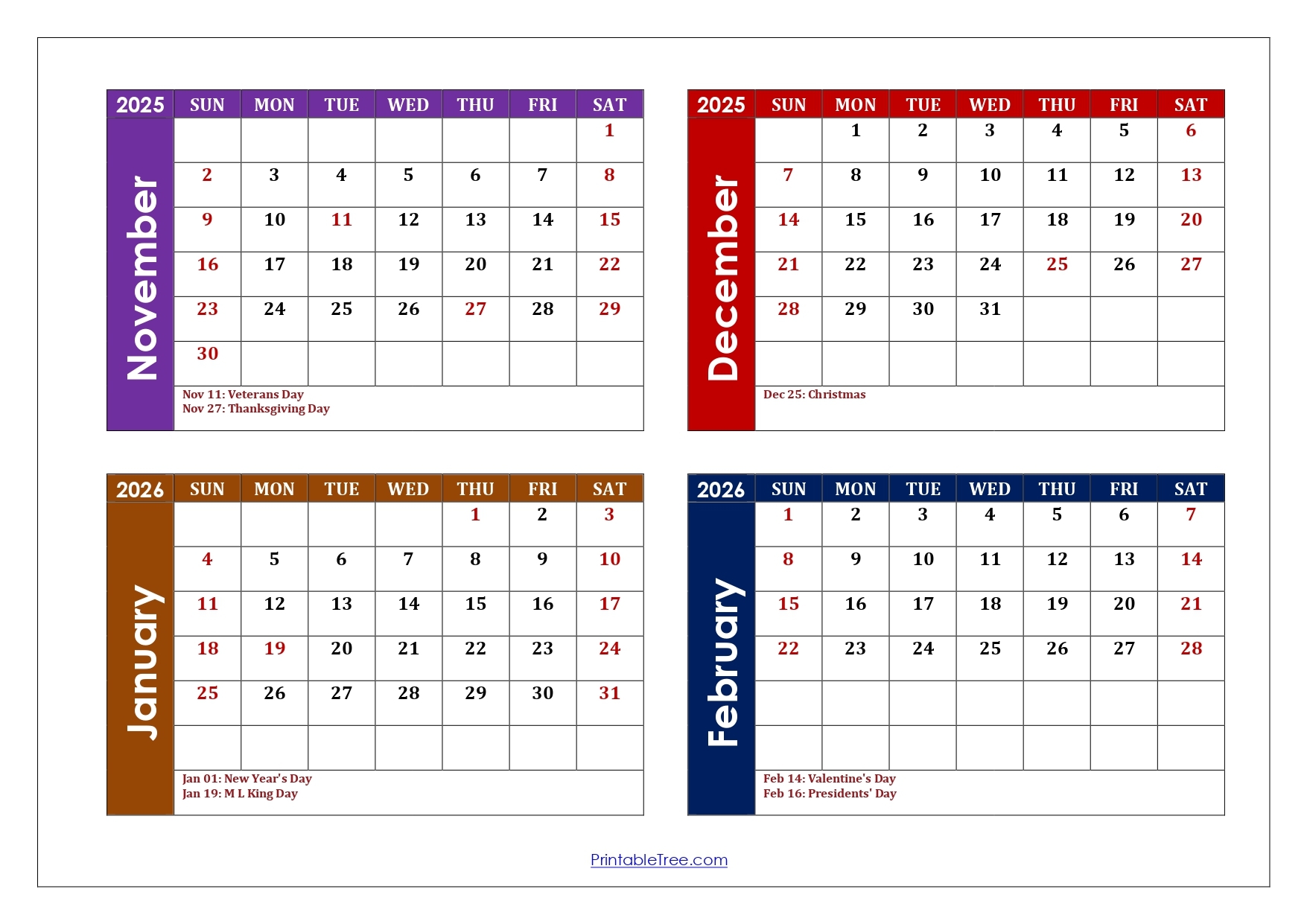 November To February 2026 Calendar Printable PDF Four Months Calendar