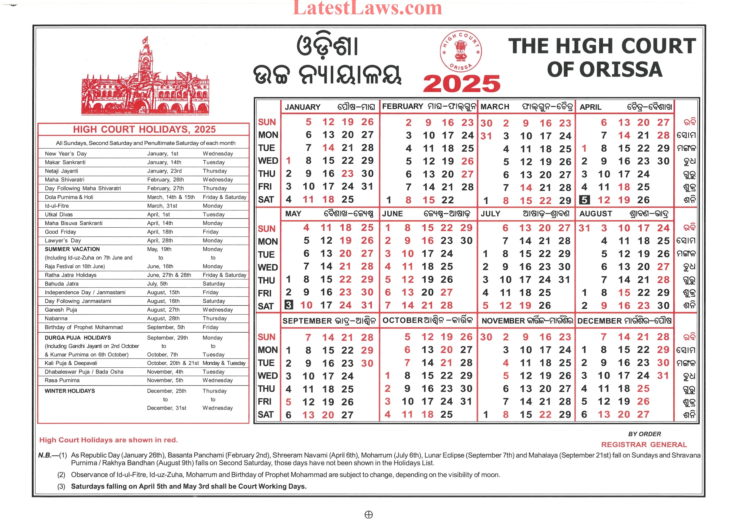 Orrisa High Court Calendar 2025