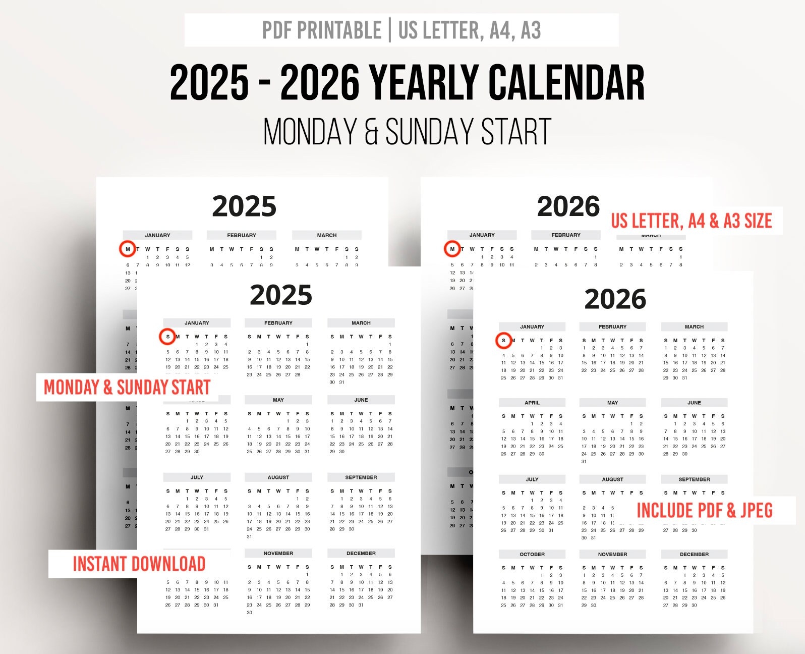 Printable 2025 2026 Yearly Calendar Monday U0026 Sunday Start Etsy Canada