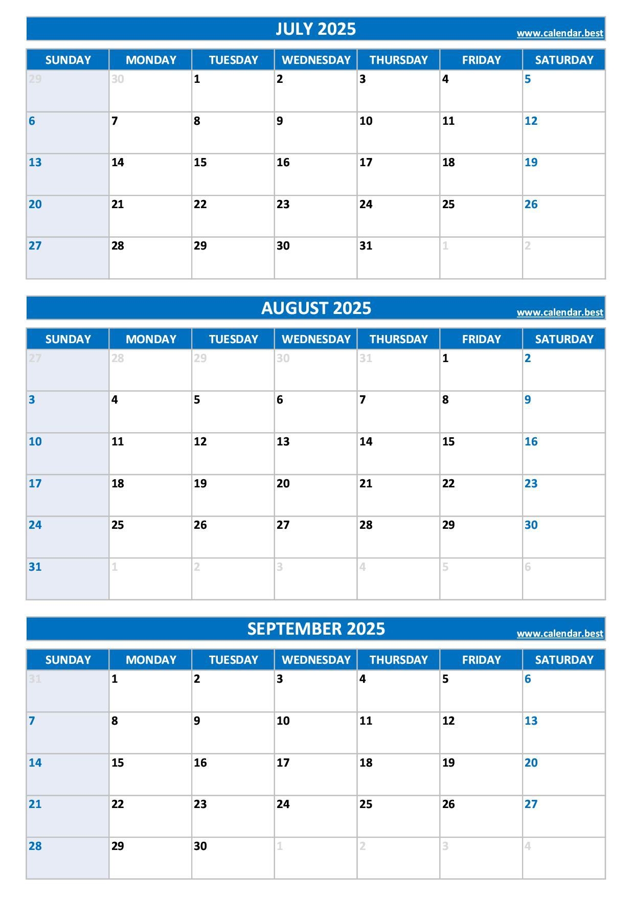3 Month Calendar May June July 2025