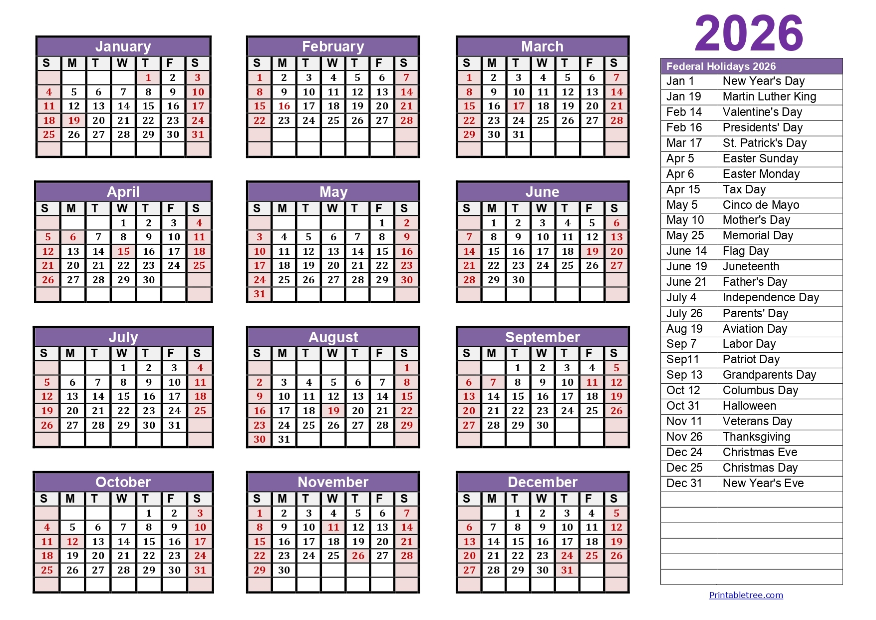 Printable Calendar 2026 One Page With Holidays Single Page 2026 Yearly Blank PDF Templates