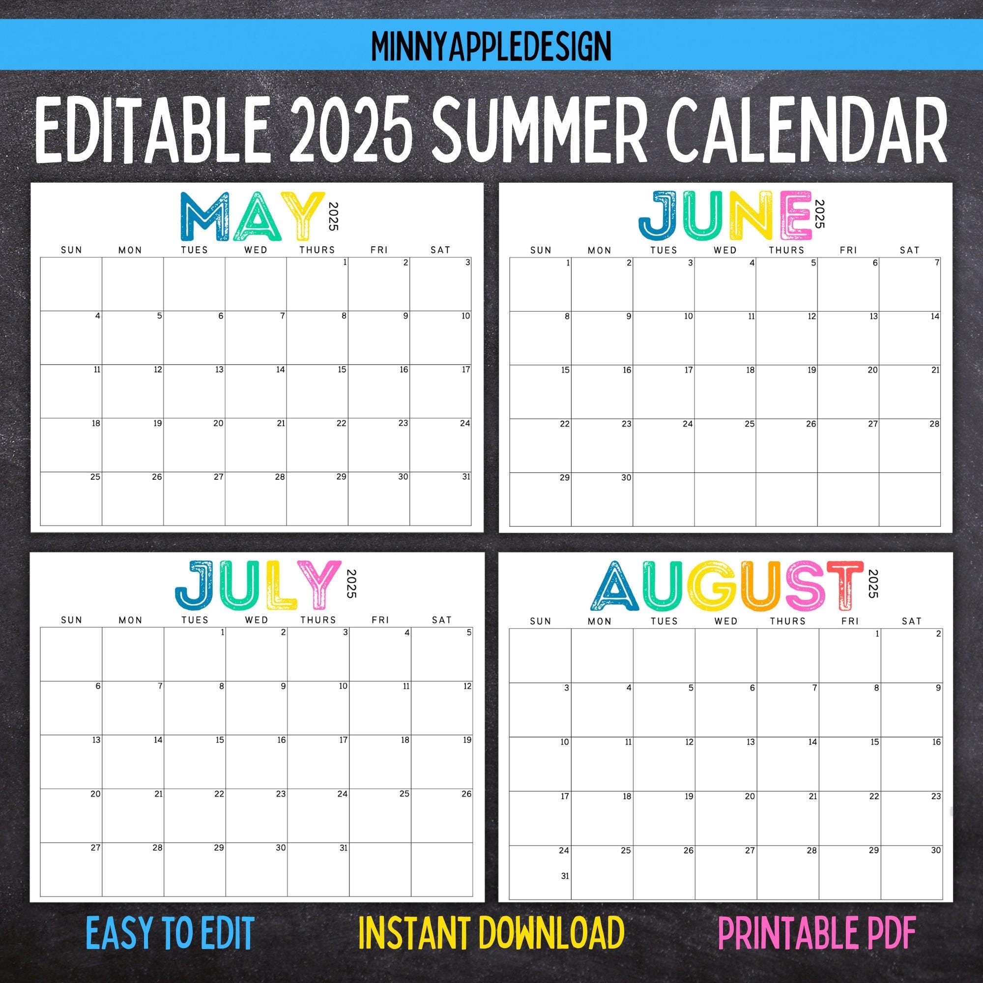 Printable Editable SUMMER Calendar June July August Calendar 