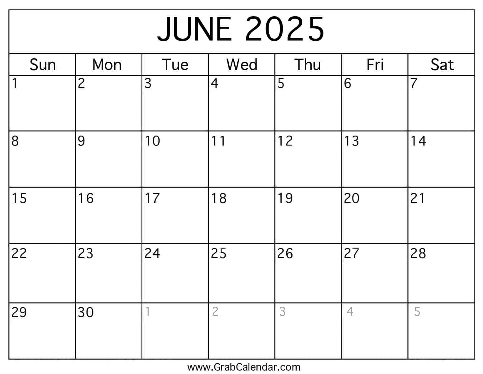 Printable June 2025 Calendar