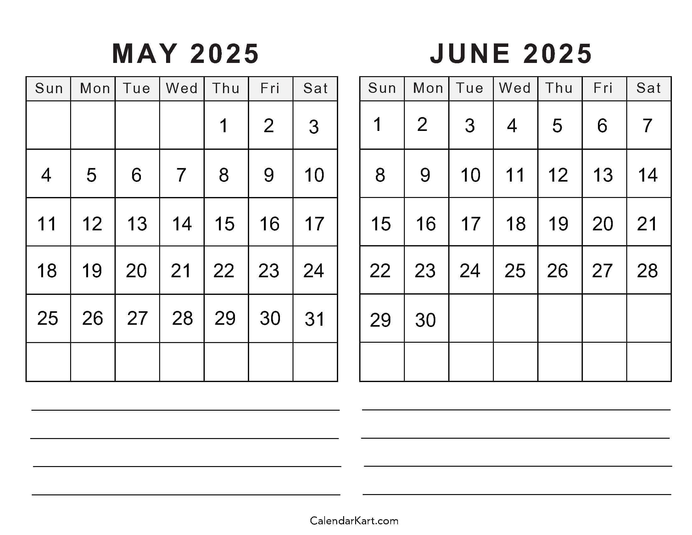 Printable May June 2025 Calendar Templates Calendarkart