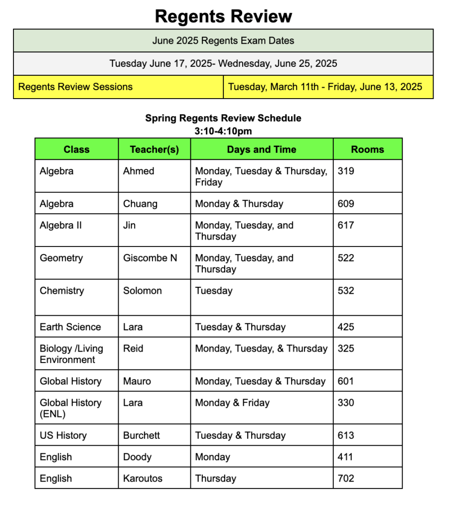 Regents Schedule WCHS