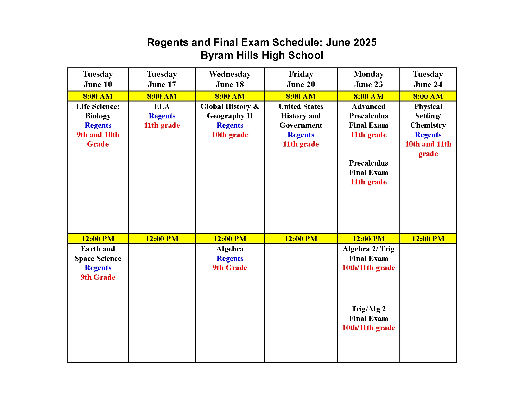 Regents U0026 Final Exam Schedule Byram Hills Central School District