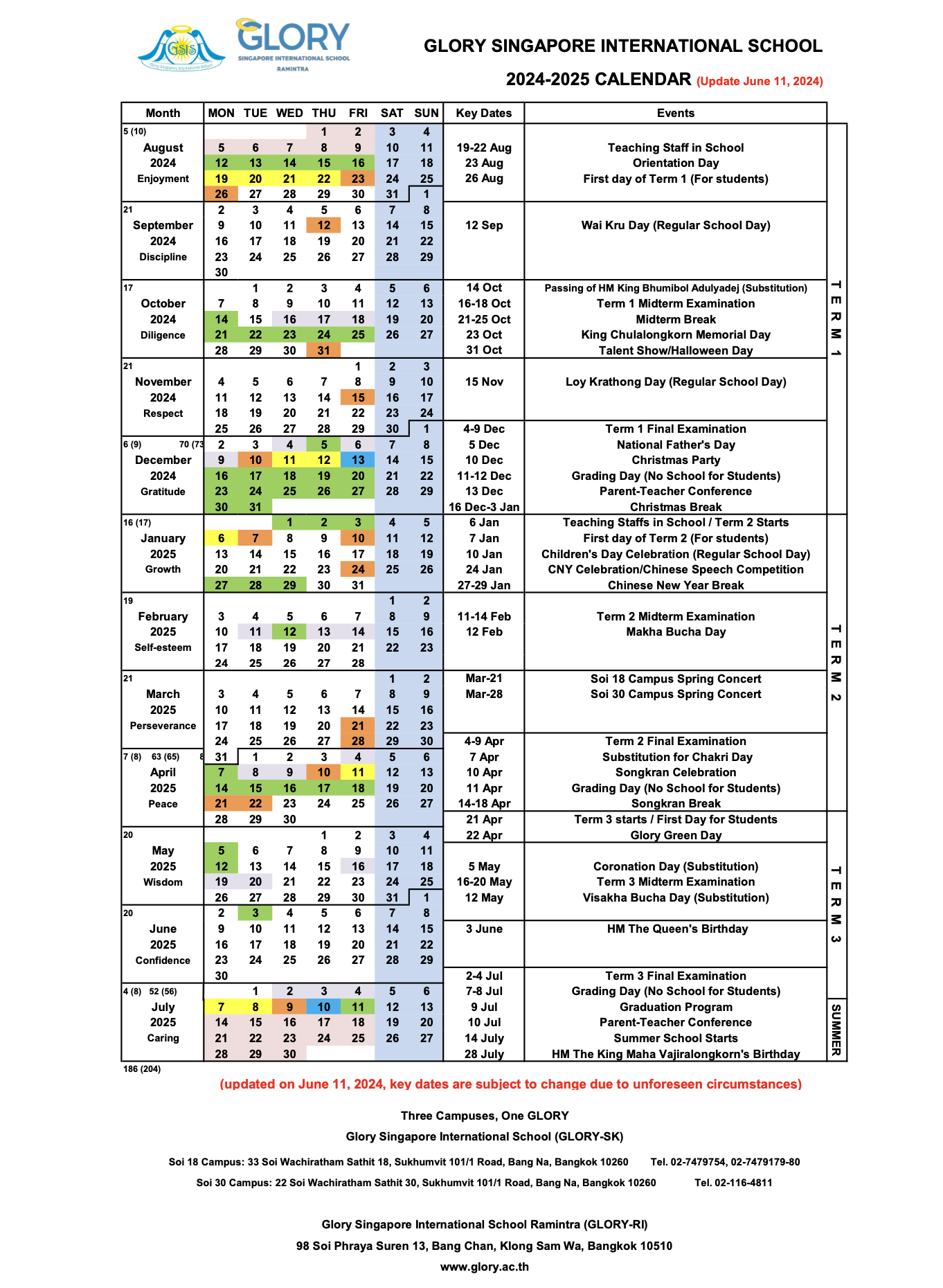 School Calendar 2024 2025 Updated June 2024 Glory Singapore International School