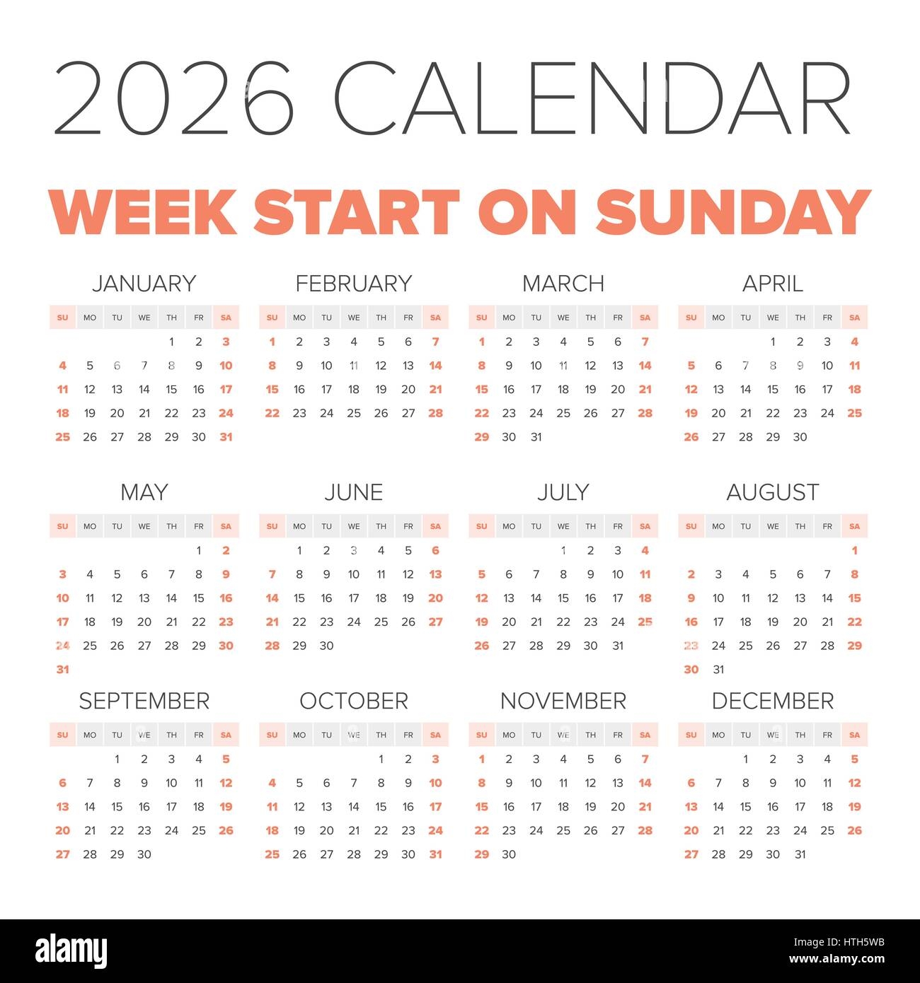 Simple 2026 Year Calendar Week Starts On Monday Stock Vector Image U0026 Art Alamy