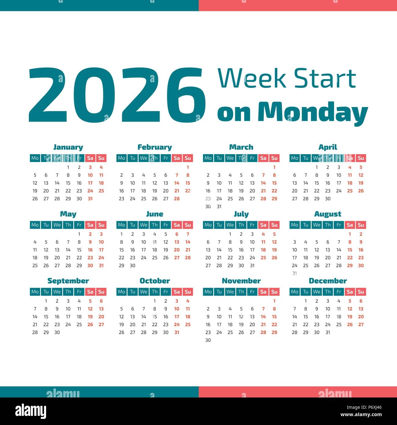 Simple 2026 Year Calendar Week Starts On Monday Stock Vector Image U0026 Art Alamy