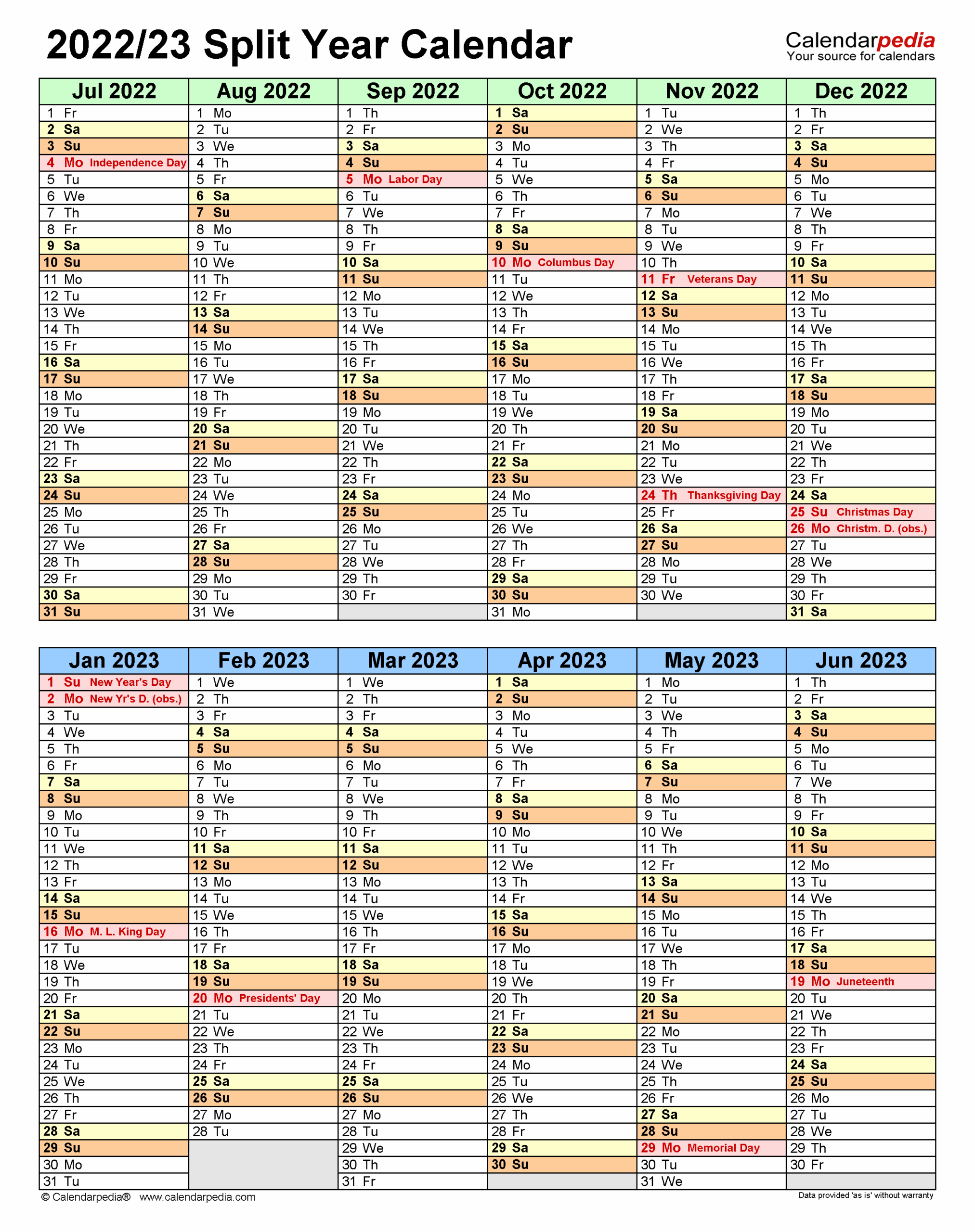 Split Year Calendars 2022 2023 July To June PDF Templates