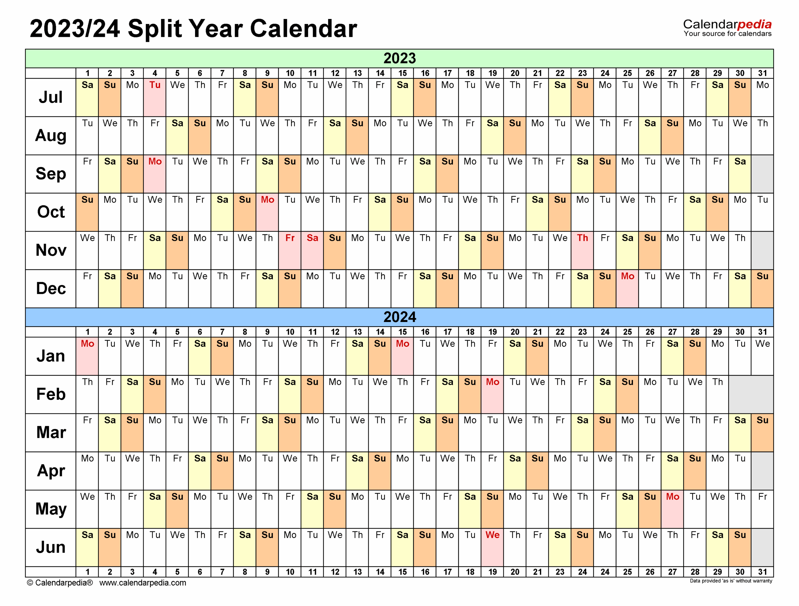 Split Year Calendars 2023 2024 July To June PDF Templates